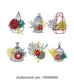 Geometric centerpieces, vector floral set. Spring collection with flowers, succulents, cage,  branches, leafs on white background