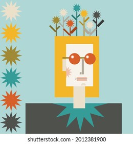 Geometric character in red round sun glasses in the garden with star-shaped flowers on the he or she head and colorful stars on the background. Retro futurism concept.