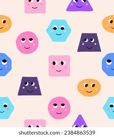 Geometric character seamless pattern. Repeating design element for printing on fabric. Pink circles and square. Colorful cute ornaments. Emotions and moods. Cartoon flat vector illustration