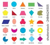 Geometric character shapes , different  basic figures. Cute colorful shapes, trendy colors, vector illustrations for children