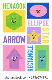 Geometric character shapes with face emotions, hand drawn textures, different cartoon basic figures. Cute colorful shapes, trendy colors, vector illustrations for children education.