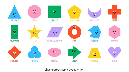 Geometric character shapes with face emotions, different cartoon basic figures. Cute colorful shapes, trendy colors, vector illustrations for children education. 