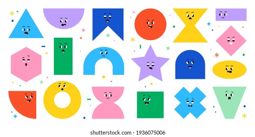 Geometric character shapes with face emotions, different cartoon basic figures. Cute colorful shapes, trendy colors, vector illustrations for children education. 
