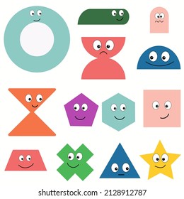 Geometric character shapes with face emotions, different cartoon basic figures. Vector