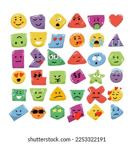 Geometric character shapes with face emotions, different cartoon basic figures. Cute colorful shapes, trendy colors, hand drawn textures, vector illustrations for children education