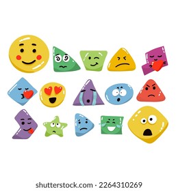Geometric character shapes with face emotions, different cartoon basic figures. Cute colorful shapes, trendy colors, hand drawn textures, vector illustrations for children education
