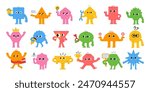 Geometric characters. Cartoon abstract mascot figures with faces and different poses. Emotion avatar. Funny math for kids, comic shapes. Business team. Vector set