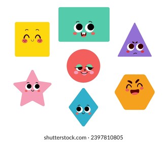 Caracteres geométricos con diversas emociones ilustrando vectores. La geometría infantil divertida da forma al concepto de psicología aislado en el fondo blanco