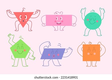 Geometrische Zeichen. Hübsche abstrakte Figuren mit Gesichtern verschiedener Emotionen, einfache Formen formen Kreisdreieck, exakte Vektorvorlage