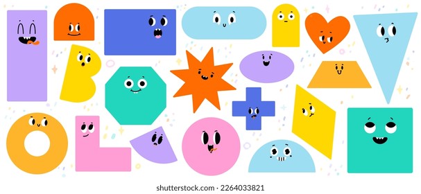 Geometric characters funny faces and eyes. Modern figure symbol designs, square shape colorful character. Snugly basic geometry vector symbols