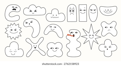 Geometric characters line set blob shapes and expressive comic smiling childish different faces. Abstract playful figures eyes emotions quirky forms. Fun modern cartoon geometry drawing happy face art