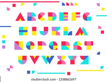 Geometric characters. Geometric typefont, color block style. Trendy letters. Colorful ABC, modern font. 