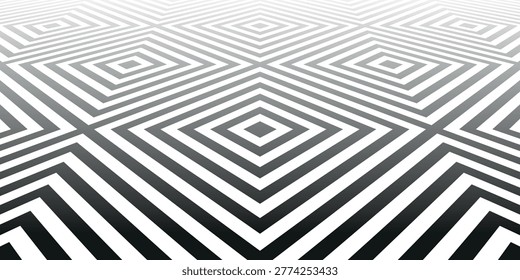 Geometric Checked Black and White Pattern in Diminishing Perspective View. Abstract Textured Background. Vector Art.