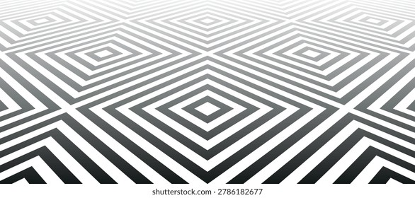 Geometric Checked Black and White Pattern in Diminishing Perspective View. Abstract Textured Background. Vector Art.