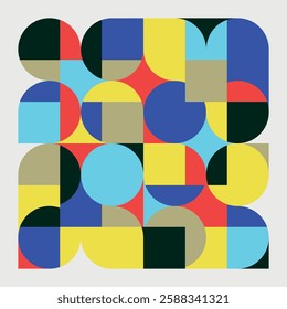 Geometric checkerboard composition with circles and squares. Colorful abstract pattern. Decorative background with basic shapes. Vector illustration.