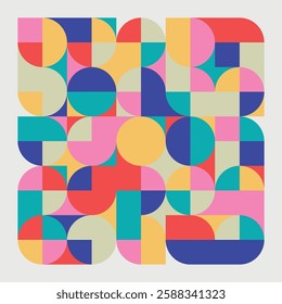 Geometric checkerboard composition with circles and squares. Colorful abstract pattern. Decorative background with basic shapes. Vector illustration.