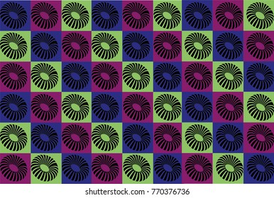 Geometric checkered colorful background with minimalistic black donuts shapes