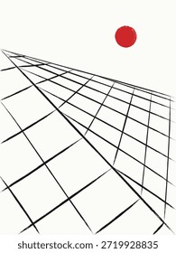 Montanha quadriculada geométrica. Estilo Sumi-e. Paisagem de tinta com sol vermelho