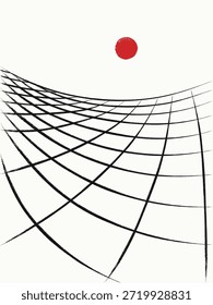 Plano quadriculado geométrico. Estilo Sumi-e. Paisagem de tinta com sol vermelho