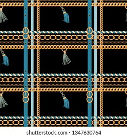 Geometric checkered seamless pattern with golden chains, tassels, belt and rope. Fashion print for textile, scarf, lingerie, silk shawls and wrapping paper. Vector illustration on black background.