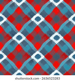 Geometric, checkered squares in shades of blue and red, grunge lines ikat pattern, striped seamless pattern, Vector illustration background for print the paper.