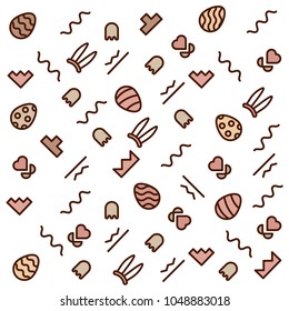 Geometric cheerful pattern with Easter eggs and rabbit ears costume. Memphis 80's and 90's graphic trendy style. Background with different geometric shapes