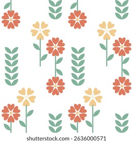 Geometric cheerful spring pattern with flowers and leaves on a white background. Vector art. Illustration
