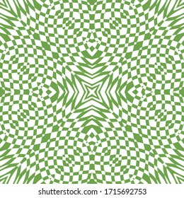 Geometric chekered rosette abstract decorative three dimensional vector pattern. Vector geometrical mosaic checkerboard rhombus green white tiles seamless background. Geometrical 3d ornament.