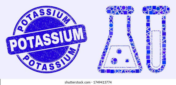 Geometric chemical glassware mosaic icon and Potassium seal. Blue vector round scratched seal with Potassium message. Abstract mosaic of chemical glassware created of round, triangles,