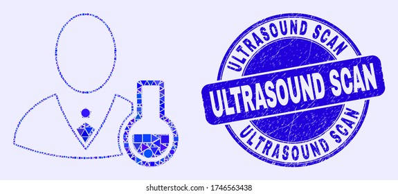 Geometric chemical scientist mosaic pictogram and Ultrasound Scan stamp. Blue vector rounded textured stamp with Ultrasound Scan title. Abstract mosaic of chemical scientist done of spheric,