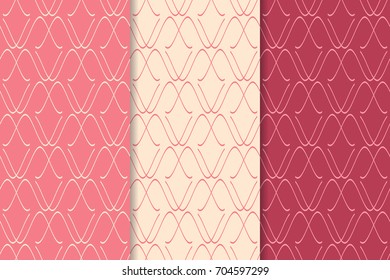 Geometric cherry pink collection of vertical seamless patterns for wallpapers and textile. Vector illustration