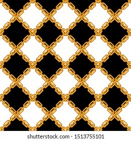 Geometric Chess Print. Seamless vector pattern with golden chains and diagonal checks. Template for cards, figt wrappings and textile design.