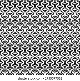 Geometric chevron fish scales abstract pattern. Seamless vector scallops decorative ornament. Trendy line art wallpaper design. Contour outline zentangle black and white background. 