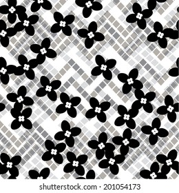Geometric Chevron Floral - Black & White - Seamless Wallpaper