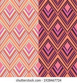 Geometric Chevron Seamless Pattern, 70-s Hipster Style, Triangle Shape,  Zigzag Stripes, Pink Lilac Orange Color Palette. Transparent Background. Vector Illustration