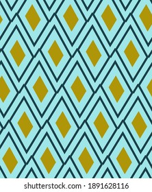 Geometric chevron seamless pattern. Graphic rhomb shapes background. Green, blue marine and yellow mustard colors. Vector