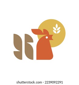 Geometric chicken with wheat and sun logo design vector