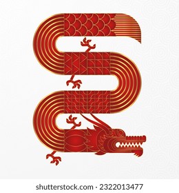 Geometric chinese dragon. Luxury red gold abstract zodiac animal. Modern shape design. Bauhaus tile motif. Line flat vector illustration. Template for greeting card, banner, poster.