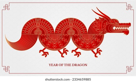 Geometric chinese dragon. Luxury red gold abstract zodiac animal. Modern shape design. Bauhaus tile motif. Line flat vector illustration. Template for greeting card, banner, poster.