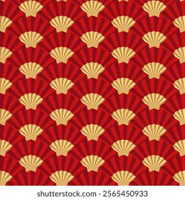 Geometric Chinese fan seamless pattern. Traditional Oriental style in red and gold color tone. Vector design for backdrop, background, wallpaper, wrapping paper, carpet, textile, fabric.