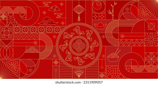 Geometric chinese pattern. Asian, japanese traditional motif. Modern minimalist design, geometry shapes. Bauhaus triangle and square lines art. Luxury background. Vector creative template.