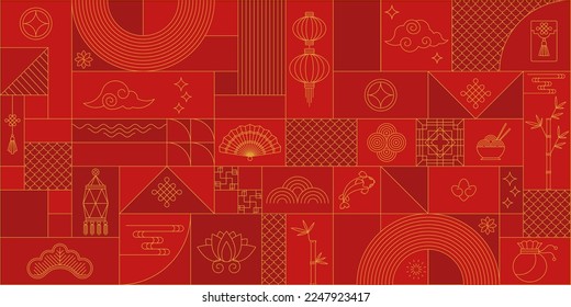 Geometric chinese pattern. Red golden asian luxury ornament. Oriental, japanese background. Eastern vector creative motif. Template for greeting new year, banner, poster and calendar.