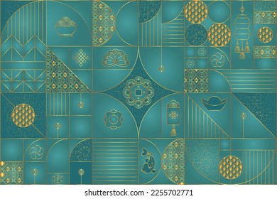 Patrón geométrico chino. El ornamento turquesa de lujo asiático dorado. Antecedentes orientales, japoneses. Motivo creativo del vector oriental. Plantilla para saludar año nuevo, banner, afiche y calendario.