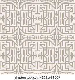 Geometric Chinoiserie seamless vector pattern neutral background. Abstract oriental motif endless geo design. Duotone symmetrical backdrop all over print. Block line shape maze repeat. For print,