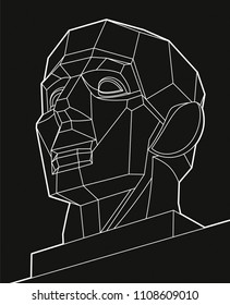 Geometric chopped human head, white lines face on black background. Low poly vector object, vector design