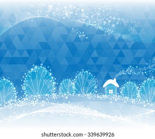 geometric Christmas background, magic winter forest landscape with cozy house, vector
