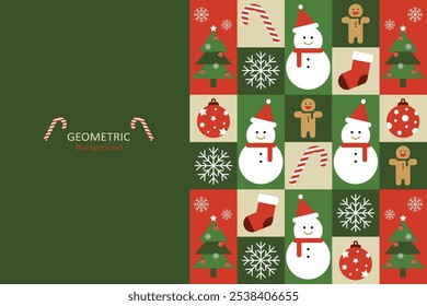 A geometric Christmas background in a minimalist style with various snowmen, snowflakes, Christmas trees, and ornaments, using green, red, white, and beige colors. There is free space for text design.