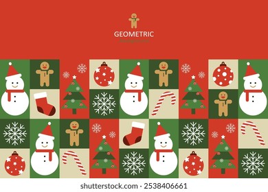 A geometric Christmas background in a minimalist style with various snowmen, snowflakes, Christmas trees, and ornaments, using green, red, white, and beige colors. There is free space for text design.