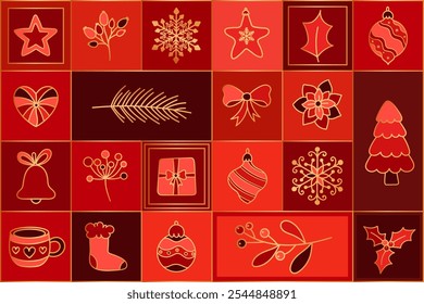 Geometric Christmas Background with Seasonal Decorative Elements in Modern Bauhaus Style. Festive Holiday Elegant red background with golden lines and elements for banner, cards, advent calendar