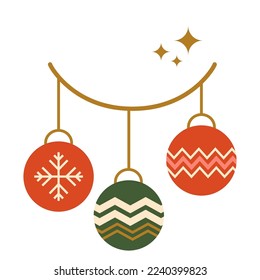 Geometrisches Weihnachtsbund Vektor einzeln auf Rot und Grün mit Zickzag-Ornament und Schneeflocke. Winterurlaubsmosaik geometrisches Weihnachtsspielzeug. Minimalistische Neujahrsdekorative Illustration.